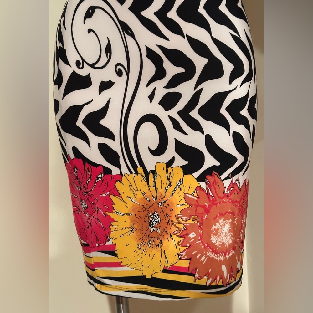 ANALILI Black White Abstract Floral One Shoulder Neck Line Body Con Dress Sz S - Picture 9 of 15